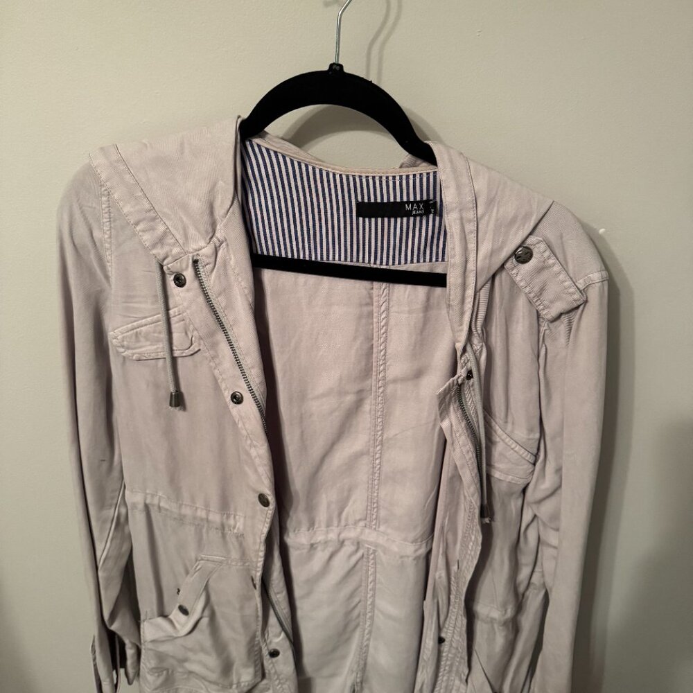 Max Jeans Brand Women's S Lightweight Utility Jacket Hooded Cinch-Waist Lt Gray